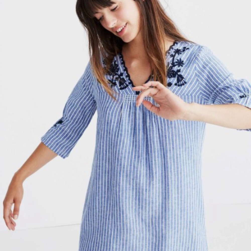 Madewell Stripe Embroidered Breeze Pullover Dress in Brilliant Royal